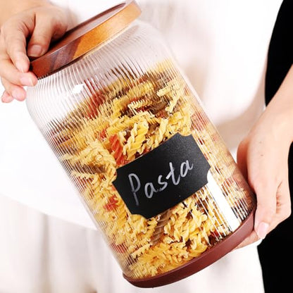 SAIOOL Striped Borosilicate Glass Airtight Canisters, 1 Gallon | 2-Pack, Big Mouth Large Capacity, Acacia Wood Lid, Food Storage Jars, For Flour, Pasta, Pantry Organization - size: 1 Gallon (Striped 2 pack)