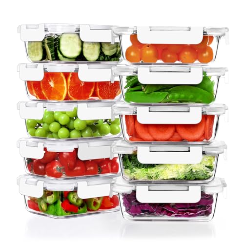 VERONES 10 Pack 22 OZ Glass Meal Prep Containers, Airtight Glass Lunch Containers Set, Food Storage Containers with Lids,BPA Free, for Microwave, Oven, Freezer & Dishwasher Friendly,White - color: White