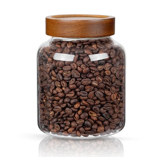 1PC Glass Storage Jars with Airtight Lids, 45 fl oz (1400ml) coffee container with Wooden Lid, Glass Pantry Canister for Beans, Rice, Sugar and etc - color: clear-（1PC，45 FL.OZ/1400ML）