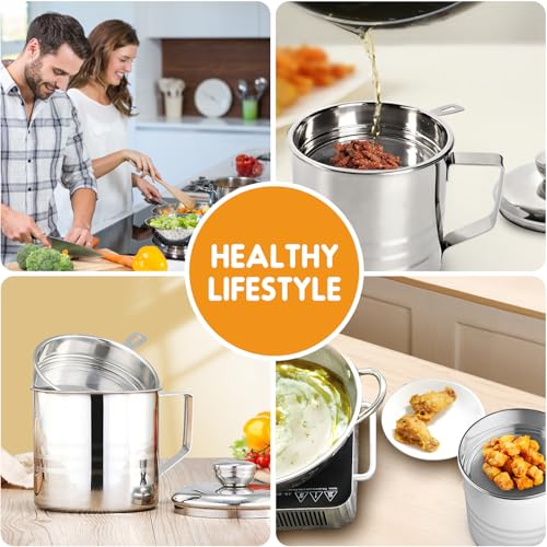 Chihee Grease Container 1.2L / 40 fl oz Stainless Steel Fine Mesh Strainer | Easy Clean Bacon Grease Saver Container Can with Dust-proof Lid Non-slip Tray for Kitchen Storing Frying Cooking Grease - color: Silver(1.2L)