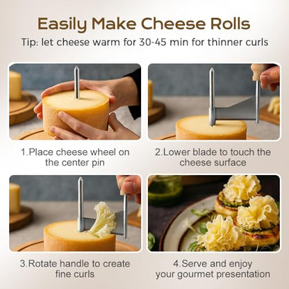 Cheese Curler Wheel, 2026 New Stainless Steel Cheese Slicer, Sharp Blade Cheese & Chocolate Shaver with Wooden Base, Create Cheese Rose Flowers (With Cover) - color: With Cover