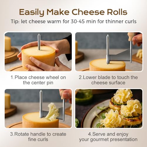 Cheese Curler Wheel, 2026 New Stainless Steel Cheese Slicer, Sharp Blade Cheese & Chocolate Shaver with Wooden Base, Create Cheese Rose Flowers (Without Cover) - color: Without Cover