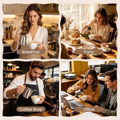 Dailyart 4 Pcs Milk Frother Cup Set - 12oz/350ml 304 Food Grade Stainless Steel Milk Steamer Cup, Dripless Spout&Internal Internal Scale - Barista Milk Pitcher Latte Art Tools for Home, Coffee Shops - size: 12 Ounces(Pack of 4)