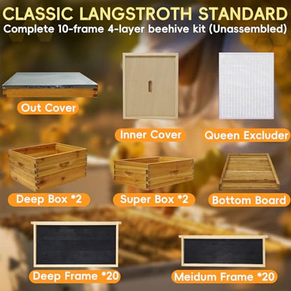 10-Frame Langstroth Bee Hive Beeswax Coated, Complete 4-Layer Beehive Starter Kit Includes 2 Deep Brood Boxes and 2 Medium Super Boxes with Bee Frames and Foundations - size: 4-Layer