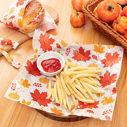 100 Pcs Thanksgiving Day Wax Paper Food Wraps - Sandwich Wrap Paper Deli Wraps, Waterproof Oil-proof Picnic Basket Liners with Maple Leaf Pattern for Kitchen Handmade Food - color: Maple Leaf