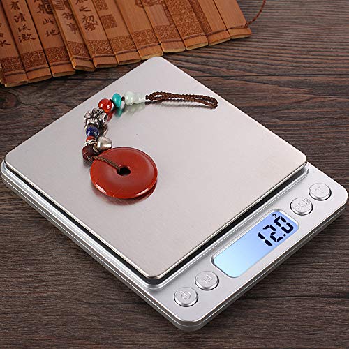 Small Digital Scale,3kg/0.1g,6.6lb,Kitchen Scale,Food Scale,with Blue Backlit LCD Display, 6 Units, Auto Off, Tare, PCS Function, Stainless Steel, Battery Included