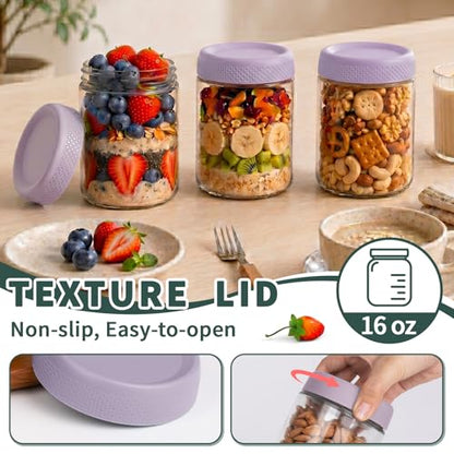 16 oz Overnight Oats Containers with Lids, 6 Pack Wide Mouth Mason Jar with Lid, Yogurt Containers with Lids for Kitchen, Glass Jars for Storage, Pudding, Chia, Prep, Snack, Sugar, (Purple) - color: Purple