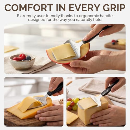 UHIYEE Micro-Serrated Handheld Cheese Slicer Plane for Hard Cheese, Black | Heavy Duty 420J2 Stainless Steel. Sturdy One-Piece Build. Smooth Even Slices For Cheddar to Parmesan. Dishwasher Safe