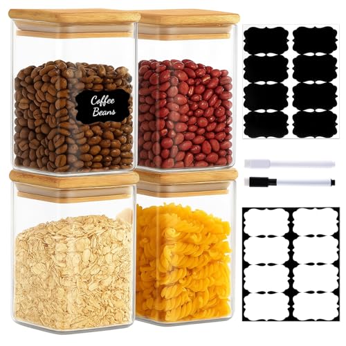 TBWIND 37oz(1.2Qt) Square Glass Storage Containers with Bamboo Lids – 4 Pack Clear Food Airtight Glass Jars for Pantry Organizers and Storage, Kitchen Dry Food, Coffee, Sugar, Flour, Snacks, Spices - color: Square/37oz/4pcs