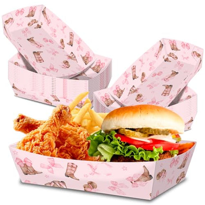 No Folding Required 50 Pack 2 Lb Western Cowgirl Party Favors Large Pink Bow Cowgirl Hat Boot Plates Paper Serving Trays Nachos Food Boats Disposable Bowls for Cowgirl Birthday Party Decorations