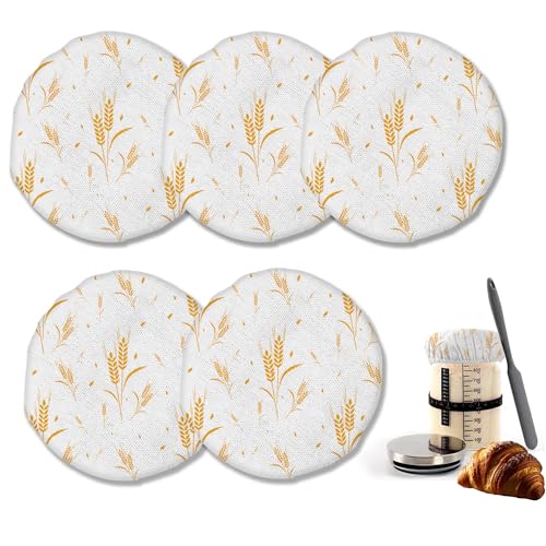 Wheat Harvest Bread 5-Pack Cloth Covers for Sourdough Starter Jar, Cloth Covers Reusable Lid Top Cover Sourdough Proofing Bread Fermentation Baking Supplies for 3-4 Inch Jar Mouth - color: Wheat Harvest Bread