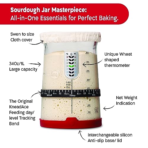 KNEADACE Pro Sourdough Bread Starter Kit - 34 oz Large Capacity Sourdough Starter Jar with 5 unique features for the perfect sour dough bread & sourdough starter kit - sourdough supplies (KA06) - size: 1 Set
