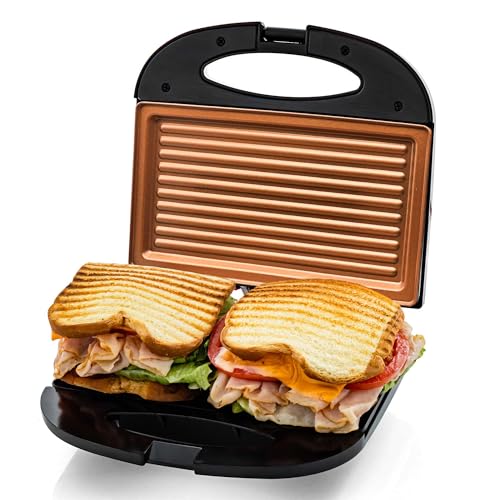 OVENTE Electric Panini Press Grill with Nonstick Plates, LED Indicator Lights, Thermostat Control, Compact Sandwich Maker Perfect for Cooking Breakfast, Steaks, Eggs Snacks & More, Copper GP0110CO - color: GP0110CO