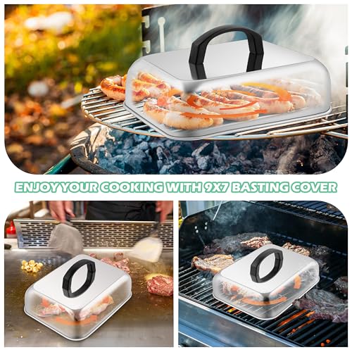 HaSteeL Cheese Melting Dome & Burger Press, Stainless Steel Basting Steaming Cover & Round Cast Iron Bacon Press, Ideal for Flat Top Griddle Grill Hibachi Stove Barbecue, Heavy Duty & Easy to Clean - style: Rectangular Lid & 7" Press