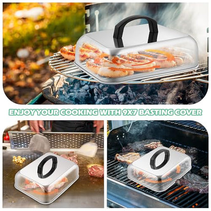 HaSteeL Cheese Melting Dome & Burger Press, Stainless Steel Basting Steaming Cover & Round Cast Iron Bacon Press, Ideal for Flat Top Griddle Grill Hibachi Stove Barbecue, Heavy Duty & Easy to Clean - style: Rectangular Lid & 7" Press
