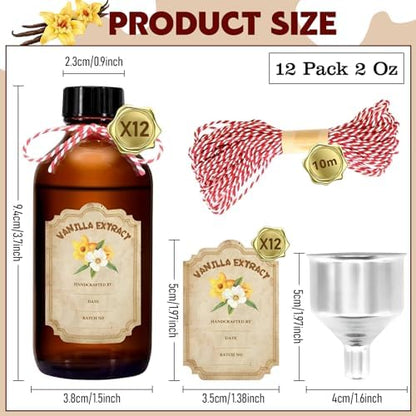 12 Pack 2 Ounce Amber Glass Bottle with Lids Vanilla Extract Homemade Brown Bottle 2 oz and 12Pcs Vanilla Extract Stickers for Syrup Gift Glass - color: Amber 12pcs 2oz
