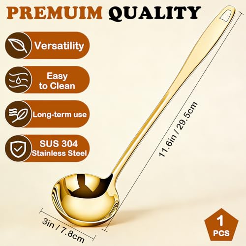 304 Stainless Steel Metal Ladle, Gold Soup Ladle Large Serving Spoon with 11.6" Handle for Cooking Stirring, Dishwasher Safe