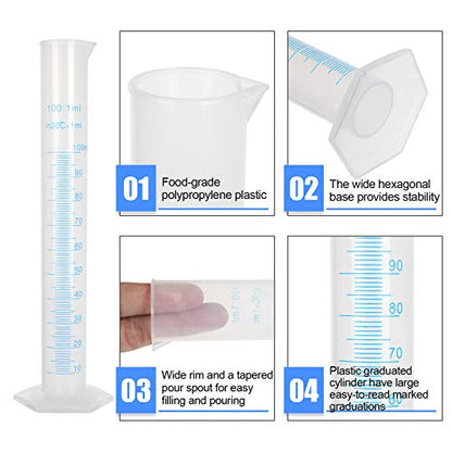 Plastic Graduated Cylinder, Transparent Measuring Cylinder Durable Lab Test Tube Flask, 2-Sided Measuring Lines Graduated Cylinder Beaker for Science Projects, Pour Spout (10, 100ml) - size: 100ml