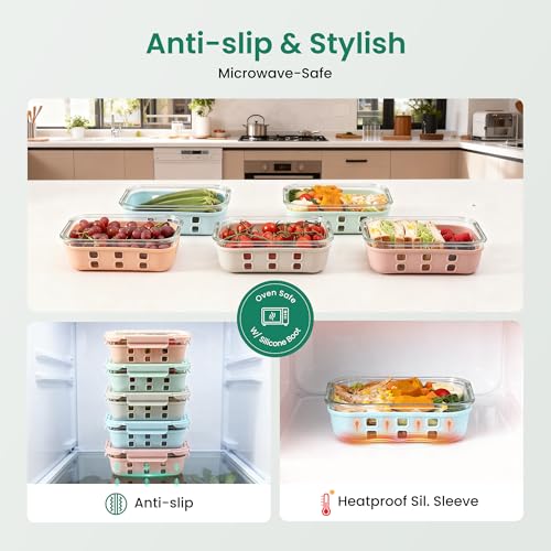 GENICOOK Glass Meal Prep Containers 5 Pack, 4.4 Cup Airtight Leakproof Lids, Borosilicate Glass Food Storage Containers, Microwave Oven Freezer Safe, BPA Free Lunch Containers - color: Bright color