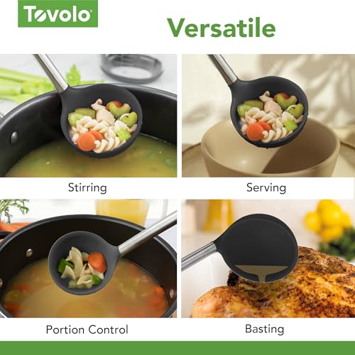 Tovolo Silicone Ladle With Stainless Steel Handle Deep Soup Ladle for Cooking Canning Serving Soup Punch Stew Sauce, Large Kitchen Utensil Spoon Dishwasher Safe BPA Free Silicone Black - color: Black