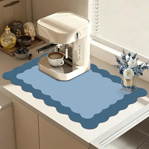 Scalloped Coffee Bar Mat for Countertop, Cute Dish Drying Mats for Kitchen Counter, Diatomite Absorbent Mat for Coffee Station, Kitchen Aesthetic Decor (12"x19", Blue) - color: Blue, size: 19" x 12"