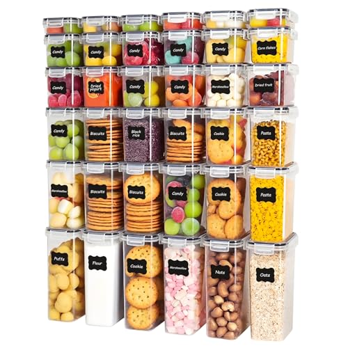 36 PCS Airtight Food Storage Containers with Lids, BPA Free Clear Plastic Kitchen and Pantry Organization and Storage Set for Flour, Sugar, Cereal, Pasta, Includes 36 Labels and Marker - size: 36pcs