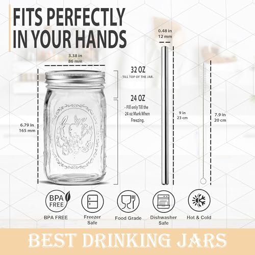 MEM WORLDSHOP Wide Mouth Mason Jars 32 oz - (2 Pack) - Wide Mouth 32-Ounces Quart Mason Jars with Reusable M.E.M Bamboo Lids & Stainless Steel Straws - For Smoothies, Milk Shakes, Iced Coffee, Tea