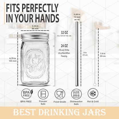 MEM WORLDSHOP Wide Mouth Mason Jars 32 oz - (2 Pack) - Wide Mouth 32-Ounces Quart Mason Jars with Reusable M.E.M Bamboo Lids & Stainless Steel Straws - For Smoothies, Milk Shakes, Iced Coffee, Tea