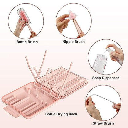 6 in 1 Baby Bottle Cleaner Set with Drying Rack,Silicone Baby Bottle Brush,Straw Brush,Nipple Brush,Soap Dispenser and Storage Box, Portable Baby Essentials for Home&Travel(Pink) - color: Pink
