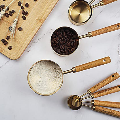 GuDoQi 8Pcs Gold Measuring Cups and Spoons Set, Wooden Handle, Premium Stainless Steel with Metric & US Measurements, Nesting for Dry/Liquid Kitchen/Food/Baking - color: Golden