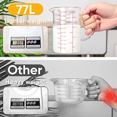 77L High Borosilicate Glass Measuring Cup with Handle, [Double-Sided Measuring Scale, V-Shaped Spout, Insulated handle], Glass Measuring Cup with Three Scales (OZ, Cup, ML) for Liquid (500 ML) - size: 2 Cup (500 ml)