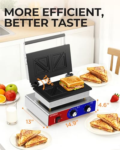 Commercial Sandwich Press, 110V Electric Sandwich Maker w/Adjustable Temp 0–550°F & Timer, Stainless Steel Panini Press Sandwich Maker w/Non-Stick Plates, Makes 2 Grilled Cheese Sandwiches - style: 4 slice