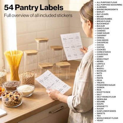 EDELHAUS Glass Storage Containers with Bamboo Lids and Labels - Set of 5 | Extra Thick Square Glass Canisters with Bamboo Wood Lids and 54 Pre-printed Pantry Labels keeps dry Goods Fresh and Organized - color: White Labels - Bamboo Lids - 5 Pack
