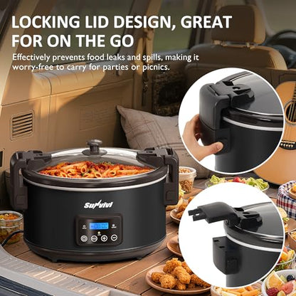Sunvivi 8.5 Quart Programmable Slow Cooker: Multi-Cooker Food Warmer with Locking Lid & Digital Timer, Adjustable Tempature Control, Dishwasher Safe, Perfect for Families and Gatherings, Black - color: Black