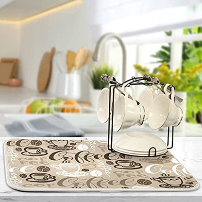 Brown Coffee Dish Drying Mat - 18 x 24 Inch, High Absorbent Reversible Microfiber Coffee Bean Dish Rack Pad - color: coffee theme, size: 18" x 24"