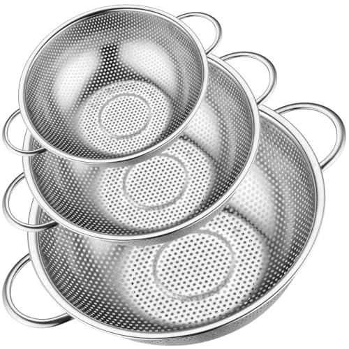 Leonyo Stainless Steel Colander Strainer for Kitchen Set of 3(1-3-5Quart) | Micro-Perforated Metal Strainers and Colanders with Handle for Kitchen Draining Pasta Rinsing,Steaming,Dishwasher Safe