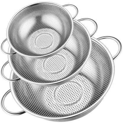 Leonyo Stainless Steel Colander Strainer for Kitchen Set of 3(1-3-5Quart) | Micro-Perforated Metal Strainers and Colanders with Handle for Kitchen Draining Pasta Rinsing,Steaming,Dishwasher Safe