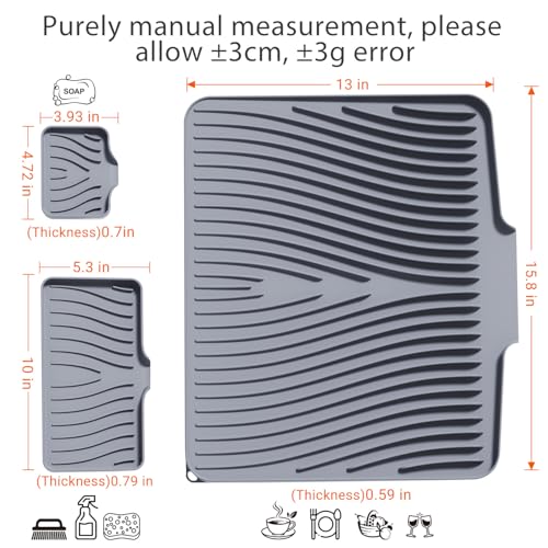 Silicone Dish Drying Mat for Kitchen counter, 15.8"x13" Extra Large Non-Slip Drain Pad with Built-in Drainage, Heat Resistant Dishwasher Safe, Grey - color: Grey-Set, size: 15.8" x 13"