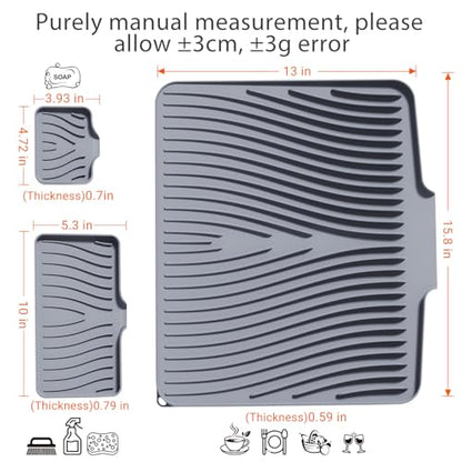 Silicone Dish Drying Mat for Kitchen counter, 15.8"x13" Extra Large Non-Slip Drain Pad with Built-in Drainage, Heat Resistant Dishwasher Safe, Grey - color: Grey-Set, size: 15.8" x 13"