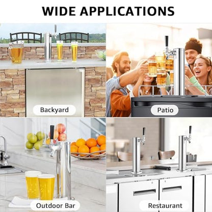Single Beer tap Tower with 1/4 Barb, 3'' Draft Kegerator Tap Tower Stainless Steel Keg Tower Parts Stainless Core Self-Closing Beer Faucet Brewing Tower Dispenser with Pre-assembled Beer Lines Kit