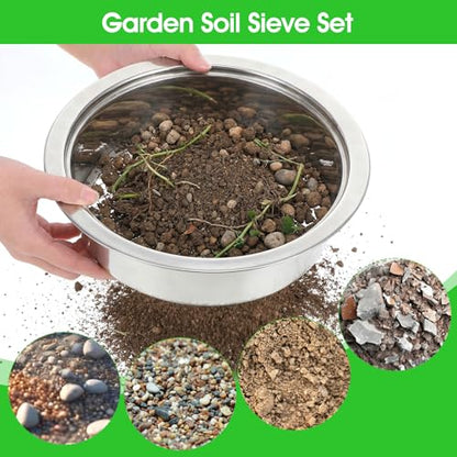 Soil Sieve Set with 5 Stainless Steel Mesh Sifter Screens (1/3/6/9/12mm) & Plastic Scoop - 7.7" Diameter Garden Soil Sifter for Compost, Sand, Rocks
