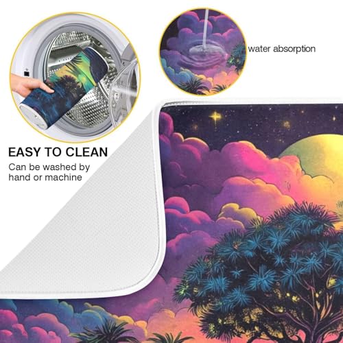 Palm Tree Colorful Dish Drying Mat for Kitchen Counter Super Absorbent Draining Mat with Non-slip Backed Dishwashing Mat for Dish Bottles Cups Bowl Draining Racks Countertops Sinks