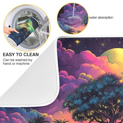 Palm Tree Colorful Dish Drying Mat for Kitchen Counter Super Absorbent Draining Mat with Non-slip Backed Dishwashing Mat for Dish Bottles Cups Bowl Draining Racks Countertops Sinks