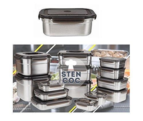 STENCOC Stainless Steel BPA Free Rectangular Leakproof Airtight Kimchi/Pickle/Salad/Fruit/Food Storage Container Saver (1.7L / 57.5oz / 8.3") Half-Transparent Lid Stackable