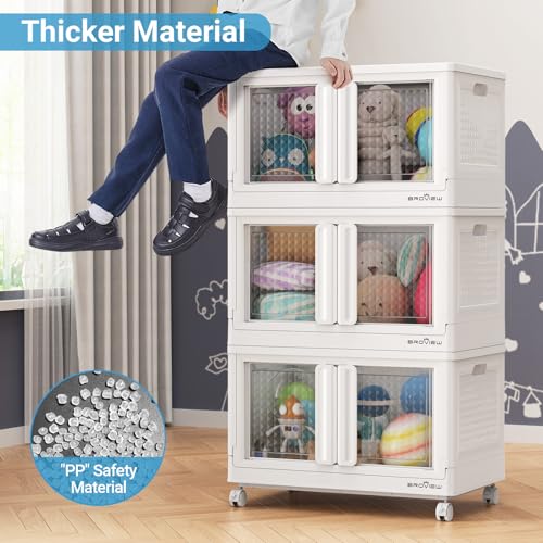 BROVIEW 300Qt Plastic Foldable Storage Bins with Lids & Doors, 75Gal Stackable Closet Organizer and Storage Drawers with Wheels, Collapsible Storage Cabinet, Shelves for Home Kitchen, V10 3Pack White