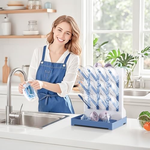 Baby Bottle Drying Rack: Vertical Space Saving Large Bottles Holder - Standing Boon Dryer Rack Baby Accessory - Countertop Holds Up to 12 Bottles & Pump Part Cleaning & Cup (Blue) (Blue) - color: Blue