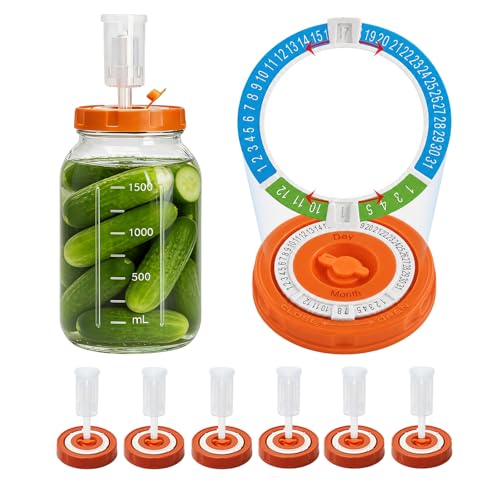 Fermentation Kits for Wide Mouth Mason Jar, 6 Fermenting Lids with Date Marker 6 Airlocks (Jars & Weights Not Included) Perfect for Sauerkraut, Kimchi, Pickle & Fermented Foods - color: Orange/White