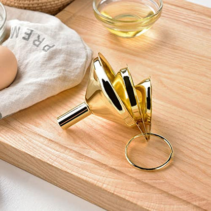 Stainless Steel Funnel, 3 Pack Gold Metal Kitchen Funnel Set, Food Grade Kitchen Gadgets Accessories, Mini Funnels for Filling Bottles, Liquid Transfer, Cooking, Car Oil, Lab Use