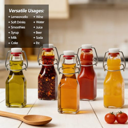 Ruckae Square Swing Top Glass Bottles with Lids Kombucha Coquito Flip Top Glass Bottle for Syrup Vanilla Extract Brew Beer Kefir Air Tight Bottles for Gift (4 oz 24 pack) - size: 4 oz 24 pack