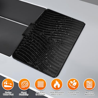Silicone Dish Drying Mat for Kitchen Countertop, 15.8"x13" Extra Large Non-Slip Drain Pad with Built-in Drainage, Heat Resistant Dishwasher Safe, Black